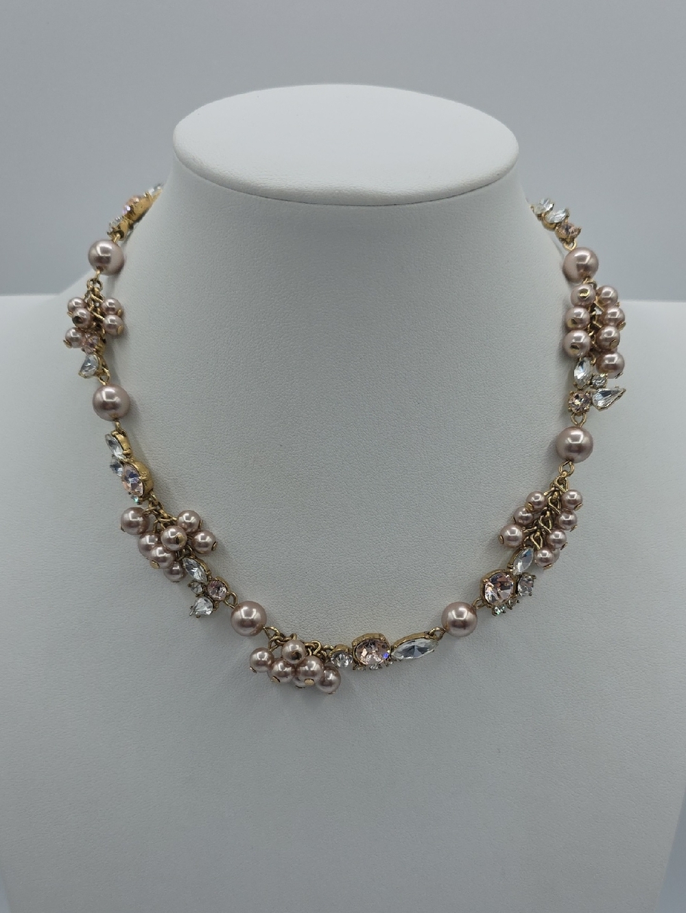 J. Crew Gold-Tone Necklace with Blush Pearl Clusters and Clear Crystals